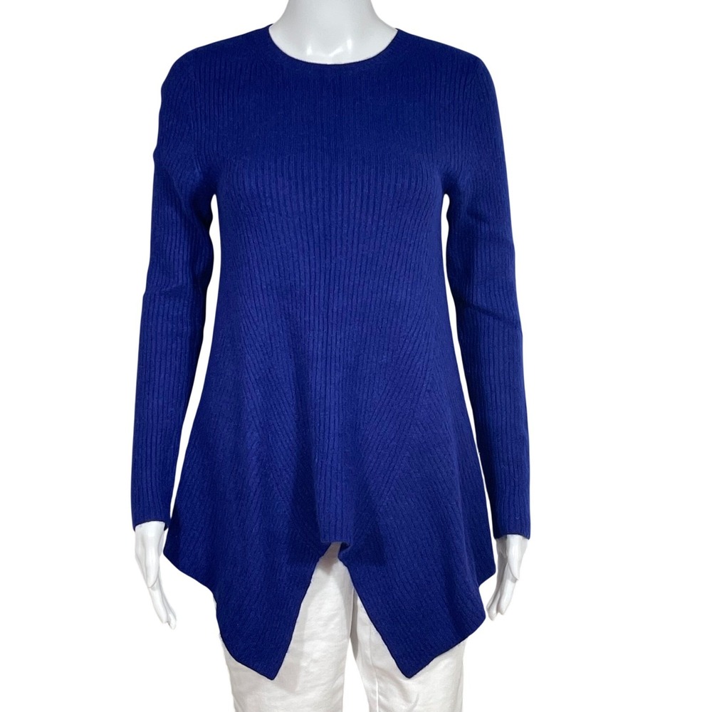 Blue Cashmere Sweater Women Ribbed Asymmetrical Sharkbite Hem Tunic